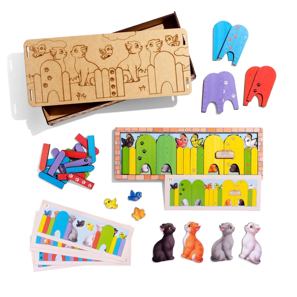 Дерев'яна гра з картками "Котики за парканом", планш. 16*23*5см, ТМ UBumblebees, Україна