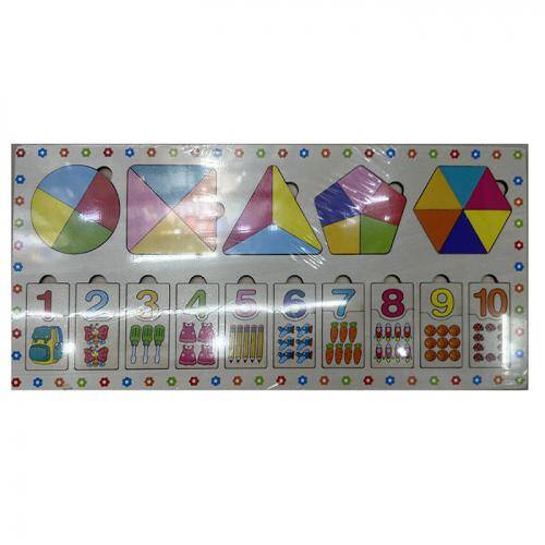 Дерев'яна іграшка Рамка-вкладиш геометричні фігури-пазли 5шт, цифри-пазли 1*10), пак. 38*18*0,5см 