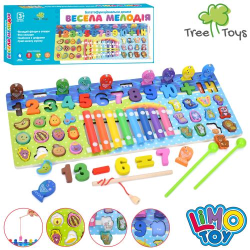Дерев'яна іграшка багатофункціональна дошка Весела мелодія, LIMO TOY навчальна, ігрове поле 45*18см, цифри,фрукти, риболовлямагнитна, 1 вудка, рибки 10шт), ксилофон8тонів,2 палички), тварини, слова на англ., в кор. 45,5*18,5*4см 