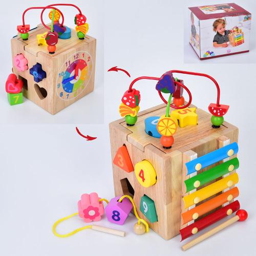 Дерев'яна іграшка Центр розвиваючий куб, лабиринт на дроті, 24*15*15см, сортер, фігури 10шт, ксилофон 5тонів, пластини*метал), годинник, шнурівка, в кор. 20*16*16см 