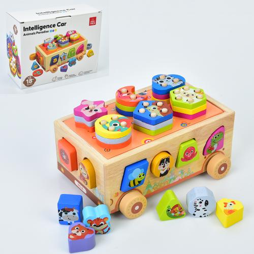 Дерев'яна іграшка Центр розвиваючий машина 21,5*16*11см,сортер, фігури 12шт, геометрика 18дет), принт-тварини, в кор. 22,5*17*9,5см 