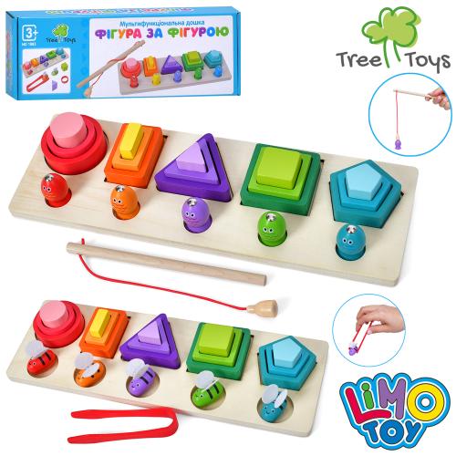 Дерев'яна іграшка Геометрика 15 фігур LIMO TOY, 2 види риболовля-магнитна/1 вудка/рибки,  Дістань бджілку-бджілки 5шт/пінцет), в кор. 32,5*10,5*4,5см 