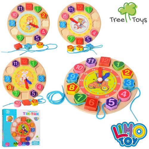 Дерев'яна іграшка "Годинник" 18см, LIMO TOY рамка-володиш, шнурівка, в кор. 18,5*18,5*2,5см 