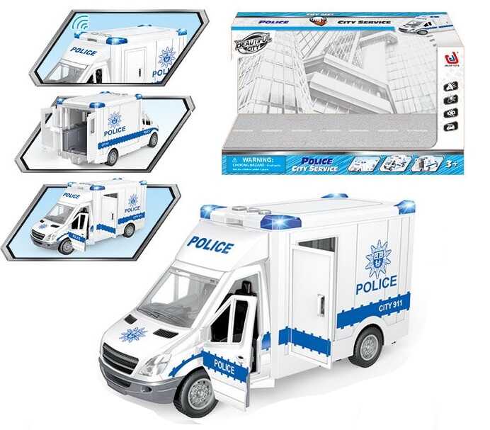 Спецтехніка 666-03 P (24) "Поліція", розмір: 27х10х13 см, інерція, звуки, музика, підсвічування, відчиняються двері, гумові шини, в коробці