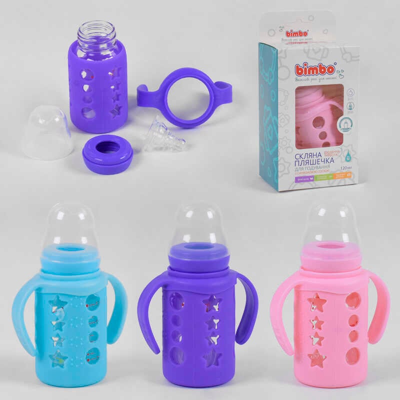 гр Пляшка скляна 75130 (48) з силіконовою соскою, "BIMBO", 120 мл, 3 кольори, 1шт в коробці