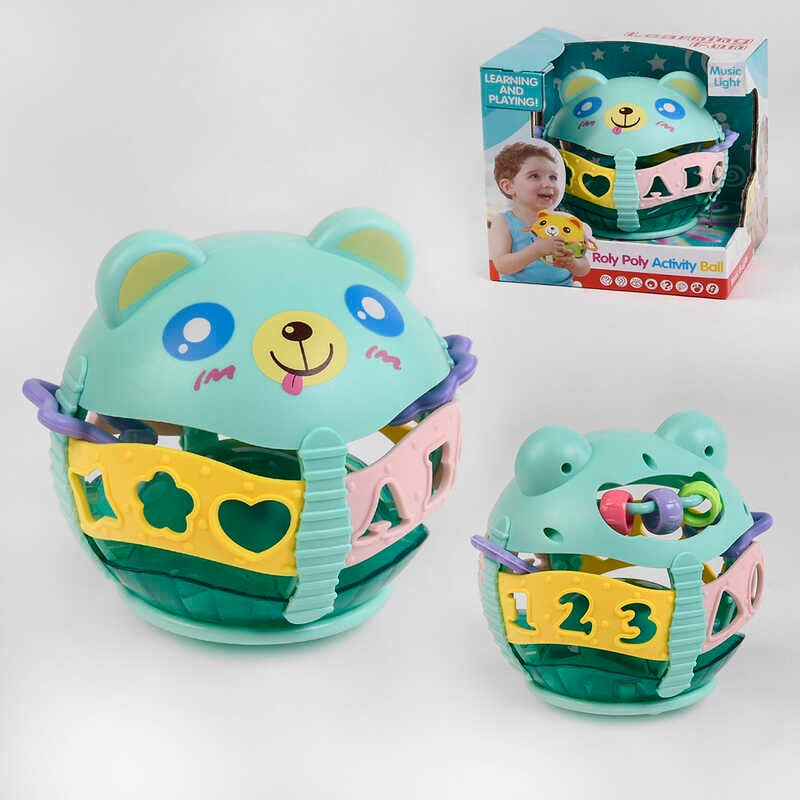 Брязкальце 35806 (24/2) “Ведмедик”, нелягайко, фактурні намистини, на батарейках, мелодії, звуки, дитячий сміх, підсвічування, в коробці