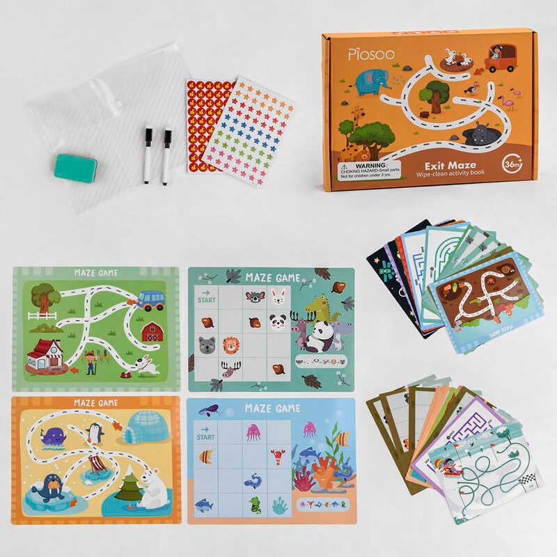 Логічна гра С 47861 (36) "Багаторазова книга – лабіринт", 30 ігрових карток. два фломастери, тека, наліпки, в коробці