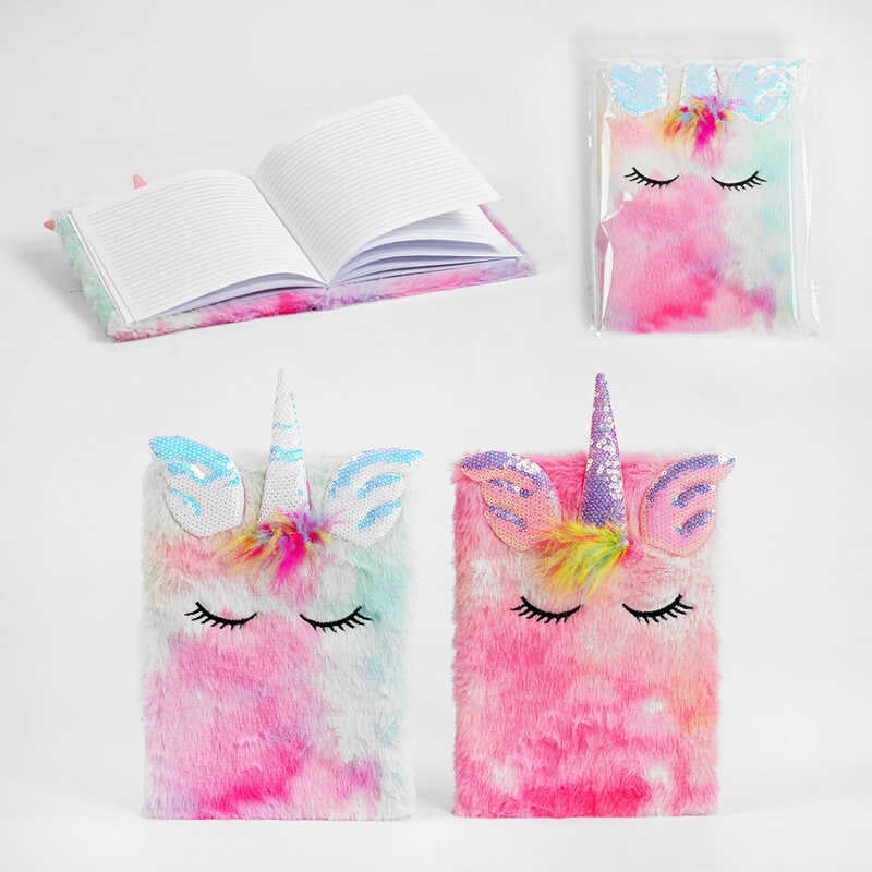 Блокнот М 15020 (120) 2 кольори, хутряна обкладинка, паєтки, єдиноріг, у лінійку, у пакеті