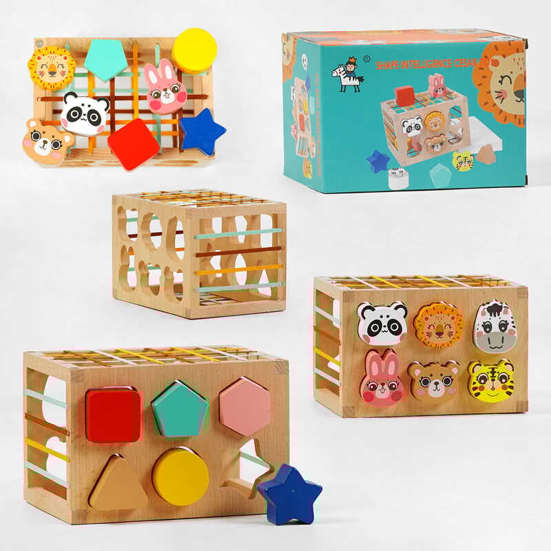 Логічна гра C 60392 (27) геометричний сортер, сортер тваринки, еластичні стрічки, дерев’яний куб, в коробці