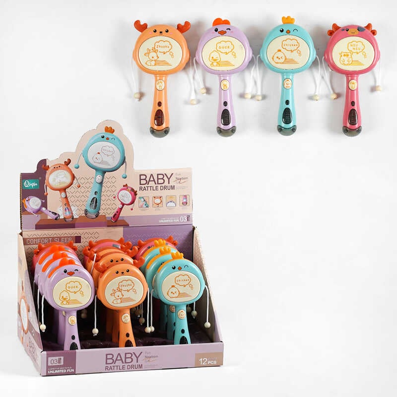  Набір брязкалець HY 629 (16/2) ЦІНА ЗА 12 ШТУК В БЛОЦІ, пісенька, підсвічування, колотушка, в коробці