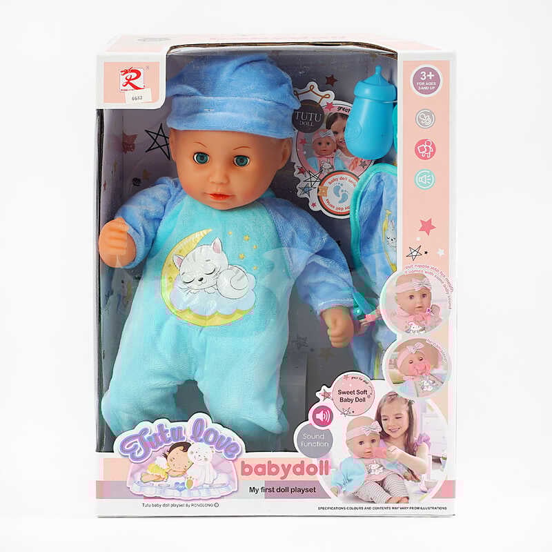 Пупс 6632 (16) м’якотілий, п’є з пляшечки, закриває очі, аксесуари, музичний чіп, висота 36 см, в коробці