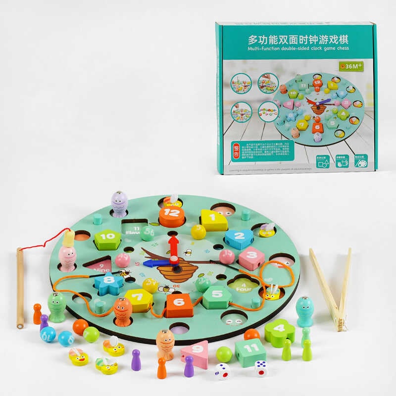 Годинник С 62350 (24) 7 ігор, магнітна риболовля, сортер геометричний, за кольорами, настільна гра, намистини з хвилинами, шнурок, в коробці