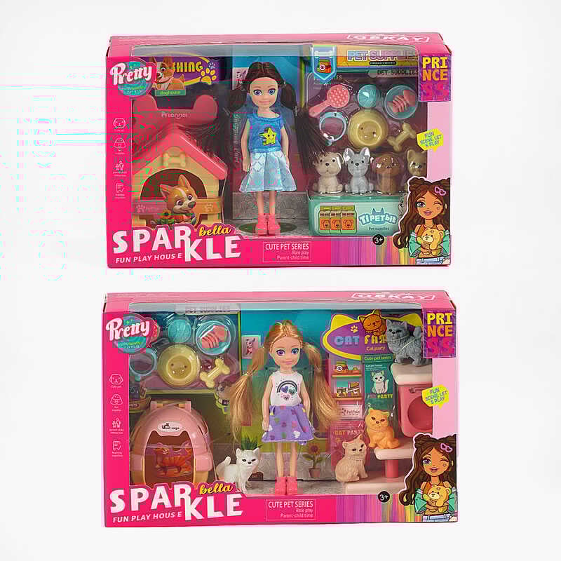 Лялька 7018 (48) 2 види, висота 13 см, 4 улюбленці, аксесуари по догляду за тваринками, в коробці