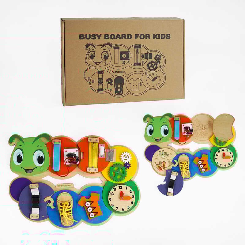 Бізіборд C 64007 (20) “Гусінь”, ключі, застібки, змійка, шестерні, годинник, шнурівка, в коробці