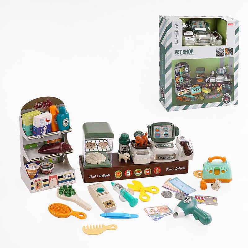 Магазин MW 5583 (16) касовий апарат, звук, репліки англ. мовою, підсвічування, стелаж, муляжі, прикраси, наліпки, 4 улюбленці, в коробці