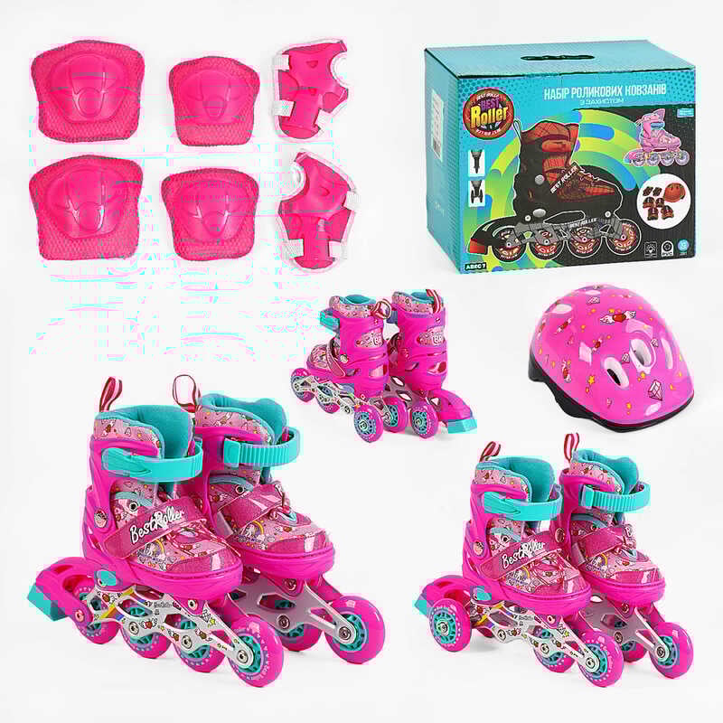 Ролики 10210-XS розмір 26-28 (6) колір РОЖЕВИЙ, колеса PVC, d колес – 6 см, переднє зі світлом, переставні колеса, шолом, захист, в коробці