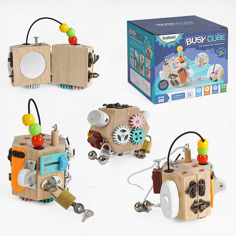 Логічна гра-бізіборд C 64873 (48) дерев’яний куб, 10 міні-ігор, в коробці