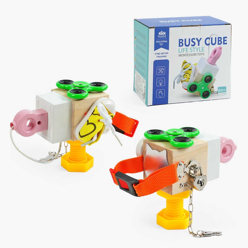 Логічна гра-бізіборд C 64879 (45) дерев’яний куб, 6 міні-ігор, в коробці