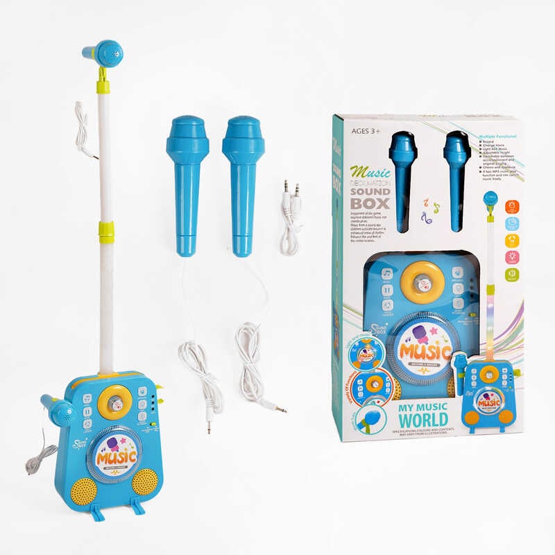 Караоке 1093 (18/2) підсвічування, 2 мікрофони, мелодії, підключення до MP3, регулювання гучності, функція запису, зміна голосу, кабель 3.5 мм, в коробці