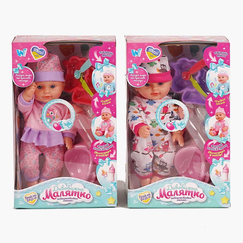 Пупс функціональний UKA-A 0940-5 (32/2) 2 види, "WToys", ОЗВУЧУВАННЯ УКРАЇНСЬКОЮ МОВОЮ, звук, від батарейок, п`є, ходить в туалет, в коробці