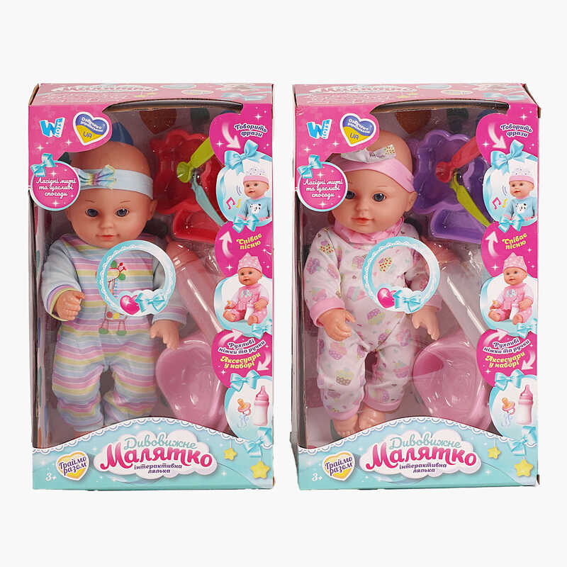 Пупс функціональний UKA-A 0940-4 (32/2) 2 види, "WToys", ОЗВУЧУВАННЯ УКРАЇНСЬКОЮ МОВОЮ, звук, від батарейок, п`є, ходить в туалет, в коробці