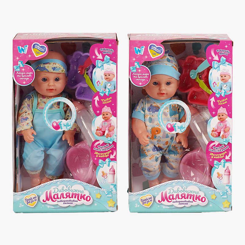 Пупс функціональний UKA-A 0940-3 (32/2) 2 види, "WToys", ОЗВУЧУВАННЯ УКРАЇНСЬКОЮ МОВОЮ, звук, від батарейок, п`є, ходить в туалет, в коробці