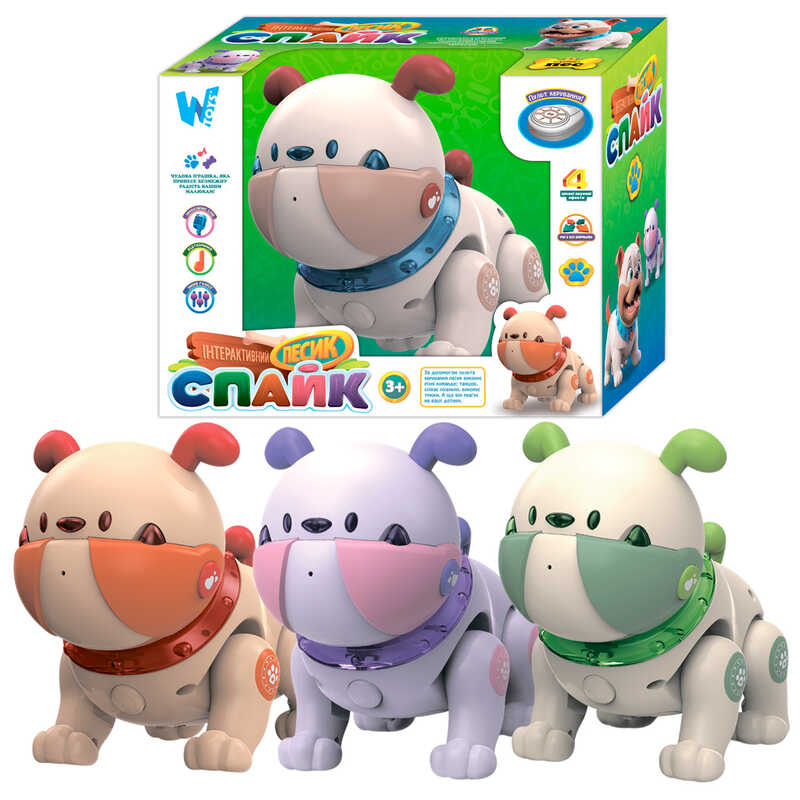 Інтерактивний пес Спайк на р/к 68068 (24) “WToys”, 3 кольори, ОЗВУЧУВАННЯ УКРАЇНСЬКОЮ МОВОЮ, сенсорний, мелодії, підсвічування, запис голосу, пульт керування, інструкція, в коробці, МІКС ВИДІВ