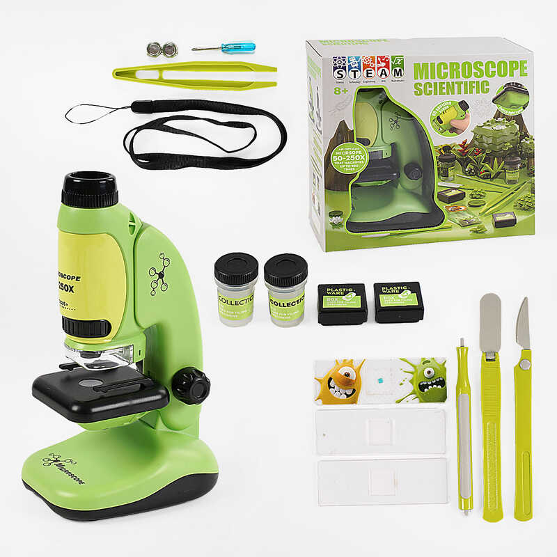 Мікроскоп 2209-1 (60/2) підсвічування, інструменти, 3 скельця, контейнери для зразків, викрутка, батарейки, інструкція, в коробці