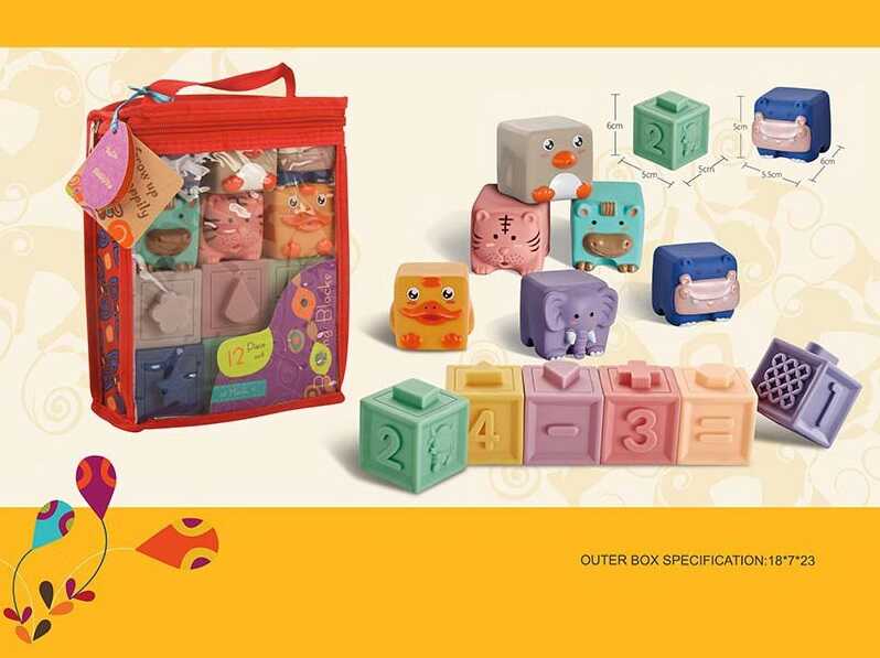 Сенсорні кубики 9989 Е (60) 12 штук, тваринки, математичні знаки, в сумці