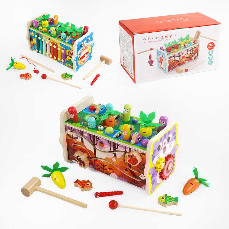 Логічна гра C 65771 (24) дерев'яна, 5 ігрових панелей, стукалка, ксилофон, рухомі шестерні, циферблат, у коробці