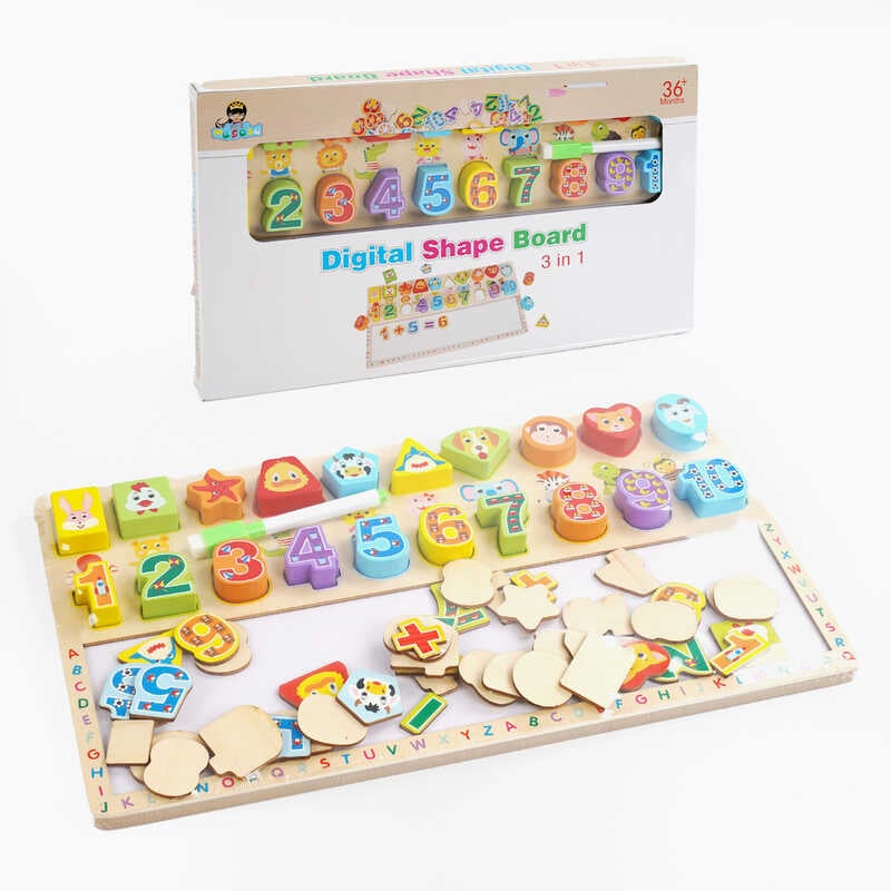 Логічна дерев’яна дошка C 65772 (32) 3в1, сортер, "пиши-стирай", цифри, тваринки, олівець, розв'язання прикладів, у коробці