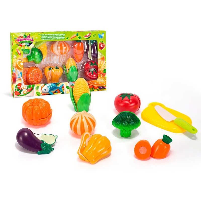Набір продуктів “Кулінарна фантазія” 77820 (64/2) "WToys", 18 елементів, овочі на липучках, дошка для нарізання, ніж, в коробці