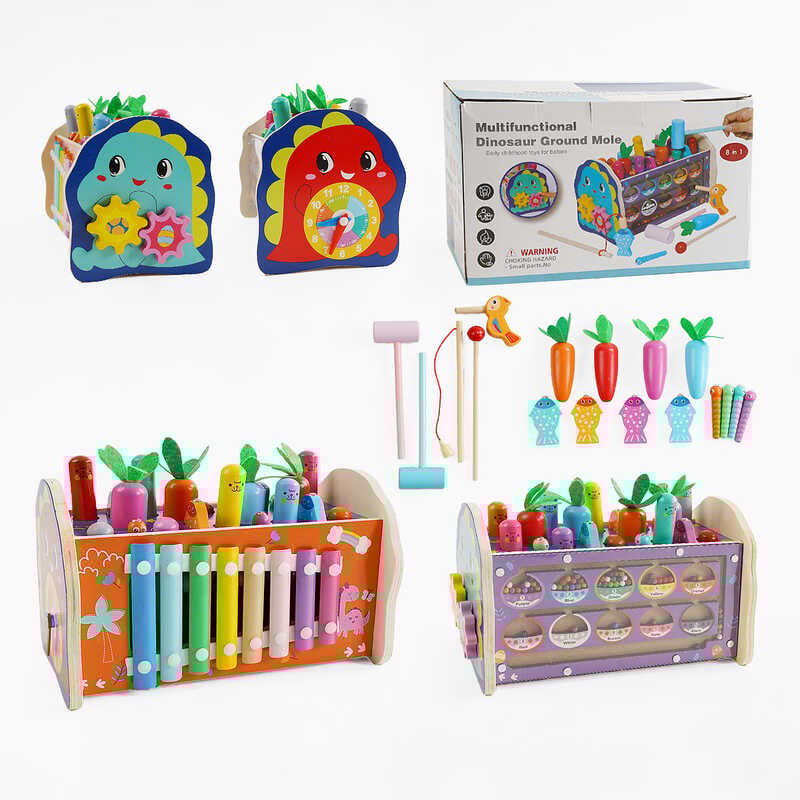 Логічна гра C 65677 (18) дерев'яна, магнітна риболовля, магнітне сортування кульок, ксилофон, стукалка,  гра “Грядка з морквинками”, рухомі шестерні, в коробці