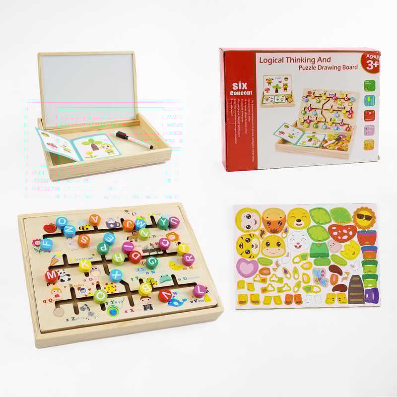 Дерев’яний пальчиковий лабіринт C 65726 (36) 3в1: тематичний лабіринт, магнітна гра, дошка для малювання, маркер “пиши-стирай”, в коробці