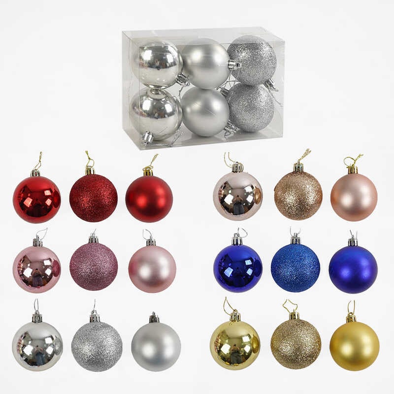 Новорічні прикраси C 67652 (120) 6 видів, кульки, D=6 см, у слюді, ВИДАЄТЬСЯ МІКС ВИДІВ