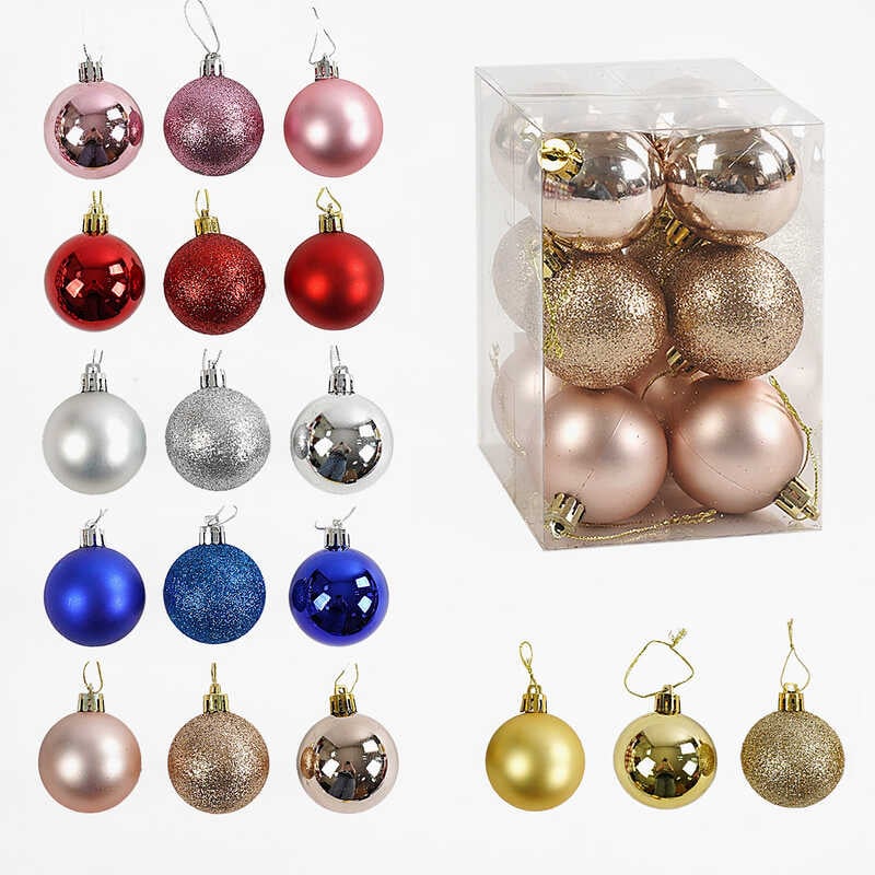 Новорічні прикраси C 67657 (96) 6 видів, кульки, 12 штук, D=5 см, у слюді, ВИДАЄТЬСЯ МІКС ВИДІВ