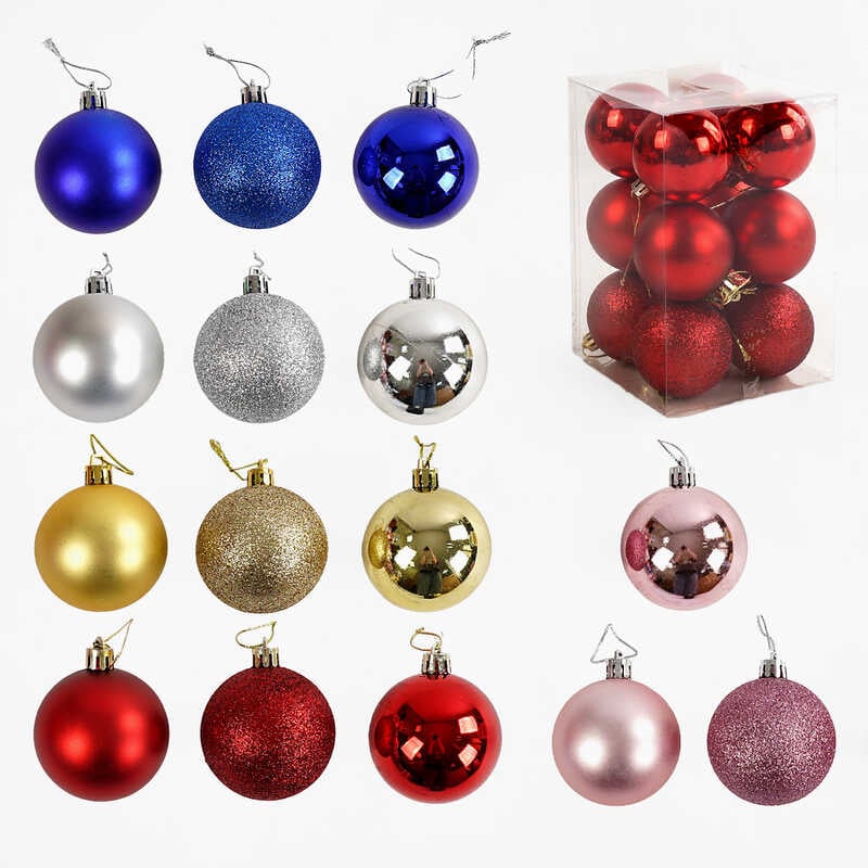 Новорічні прикраси C 67658 (60) 5 видів, кульки, 12 штук, D=6 см, у слюді, ВИДАЄТЬСЯ МІКС ВИДІВ
