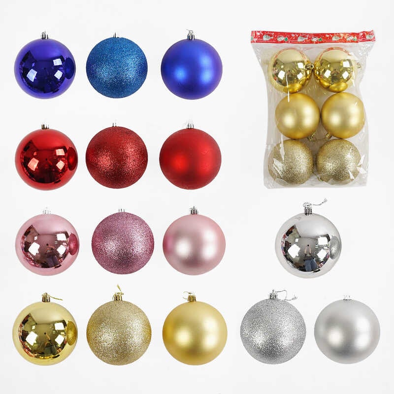 Новорічні прикраси C 67739 (24) 5 видів, кульки, 6 штук, D=11 см, у пакеті, ВИДАЄТЬСЯ МІКС ВИДІВ