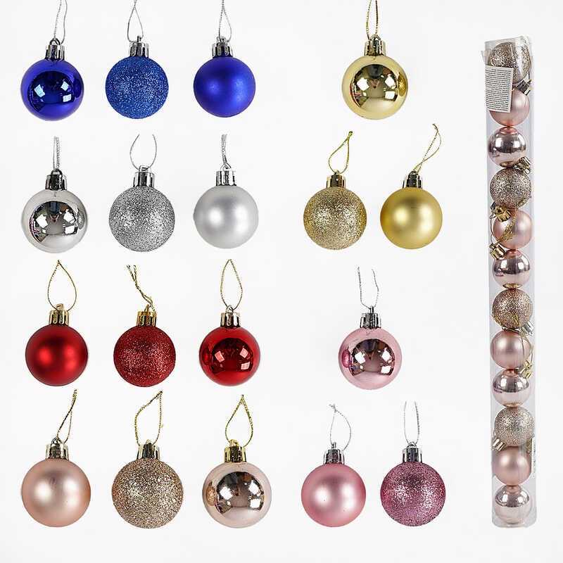 Новорічні прикраси C 67750 (200) 6 видів, 12 штук, кульки, D=4 см, у слюді, ВИДАЄТЬСЯ МІКС ВИДІВ