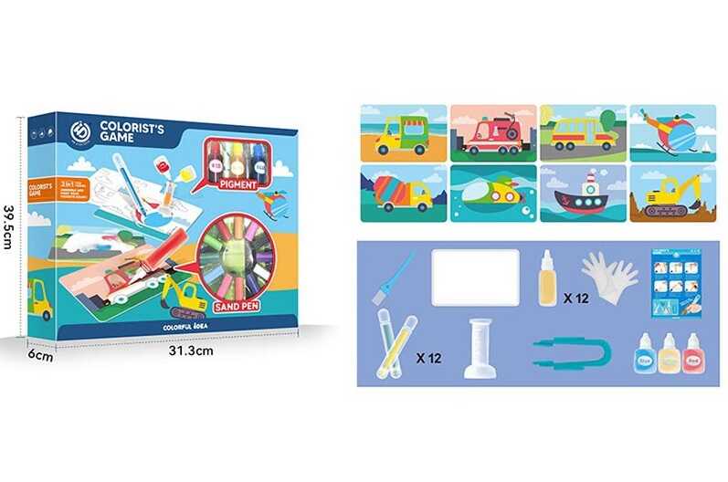 Розмальовка піском HJD 0903-3 (36/2) 12 кольорів піску, 8 двосторонніх розмальовок, фарби, 12 фломастерів, рукавички, в коробці