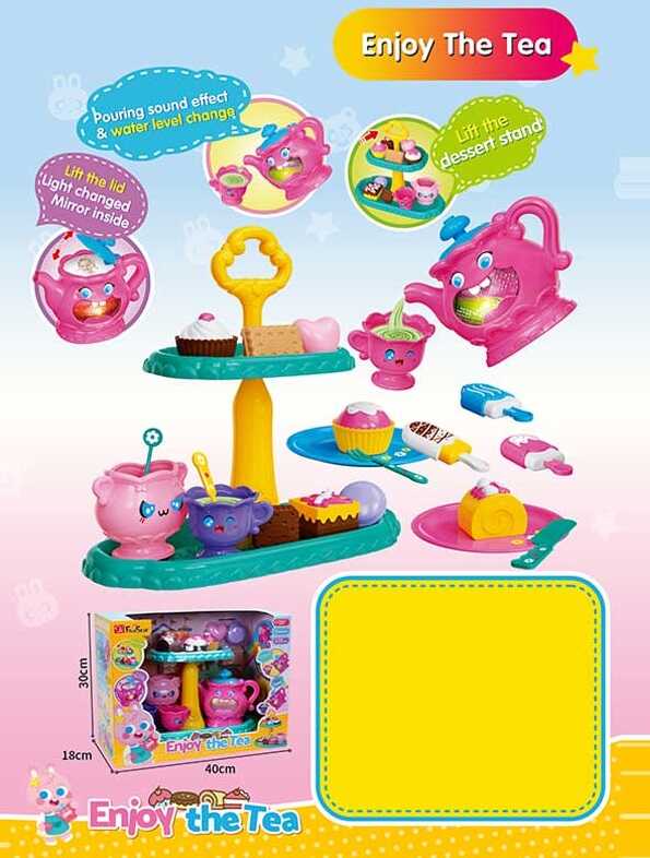 Набір посуду 35639 (8/2) музичний чайник, кольорове підсвічування, 2 режими роботи, перемикач мелодій, звукові ефекти, люстерко, двоярусне сервірувальне блюдо, посуд, муляжі тістечок, печива, морозива, в коробці