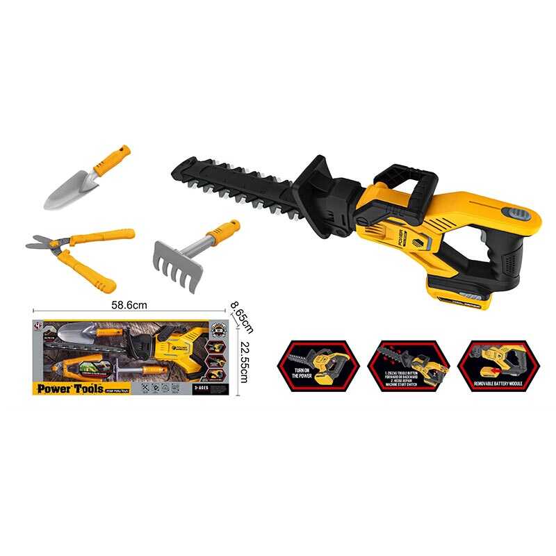 Набір інструментів T 021 (12)  кущоріз на батарейках, звукові ефекти, зубці рухаються, рухома ручка-тримач, садові ножиці, лопатка, граблі, в коробці