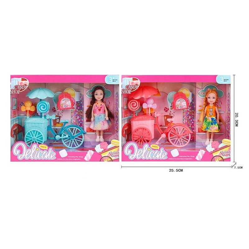 Лялька L 5-32 (96/2) 2 види, висота ляльки - 14 см, гумова голова, велосипед з морозивом та парасолькою, рюкзак, в коробці