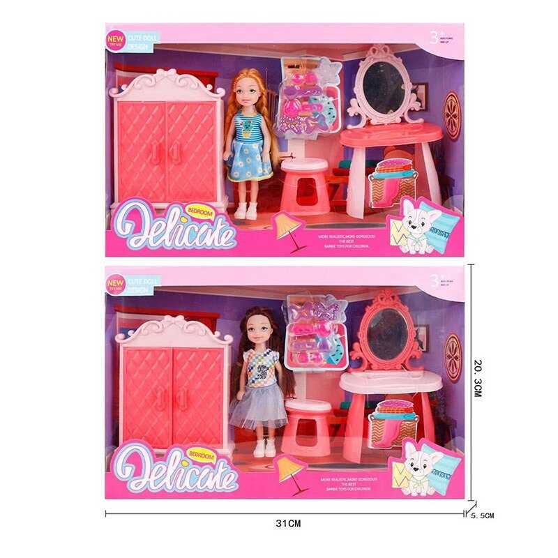 Лялька L 5-35 (96/2) 2 види, трюмо з дзеркалом, шкаф, стільчик, заколки, висота ляльки 14см, знімний одяг та взуття, в коробці