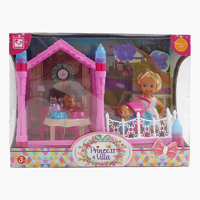 Лялька K 899-169 (12) висота ляльки - 11.5 см, гумова голова, прошите волосся, альтанка, меблі, 2 фігурки песиків, візочок, посуд, в коробці