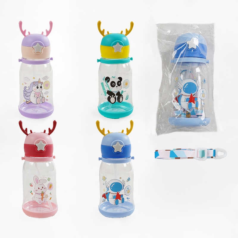 Пляшка для води C 69360 (80) 600 мл, пластикова, ремінець, наліпки, трубочка, пластикова застібка, в пакеті, ВИДАЄТЬСЯ ТІЛЬКИ МІКС ВИДІВ