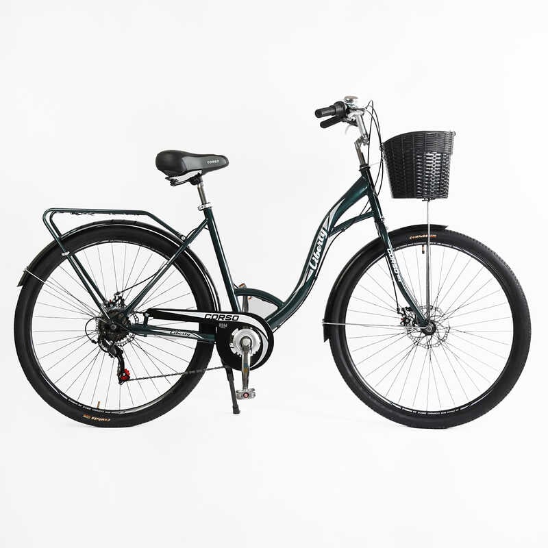 Велосипед міський Corso «Liberty» 28’’ дюймів LR-28193 (1) + КОШИK, ТЕМНО-ЗЕЛЕНИЙ, сталева рама 20``, Shimano 7 швидкостей, корзина, багажник