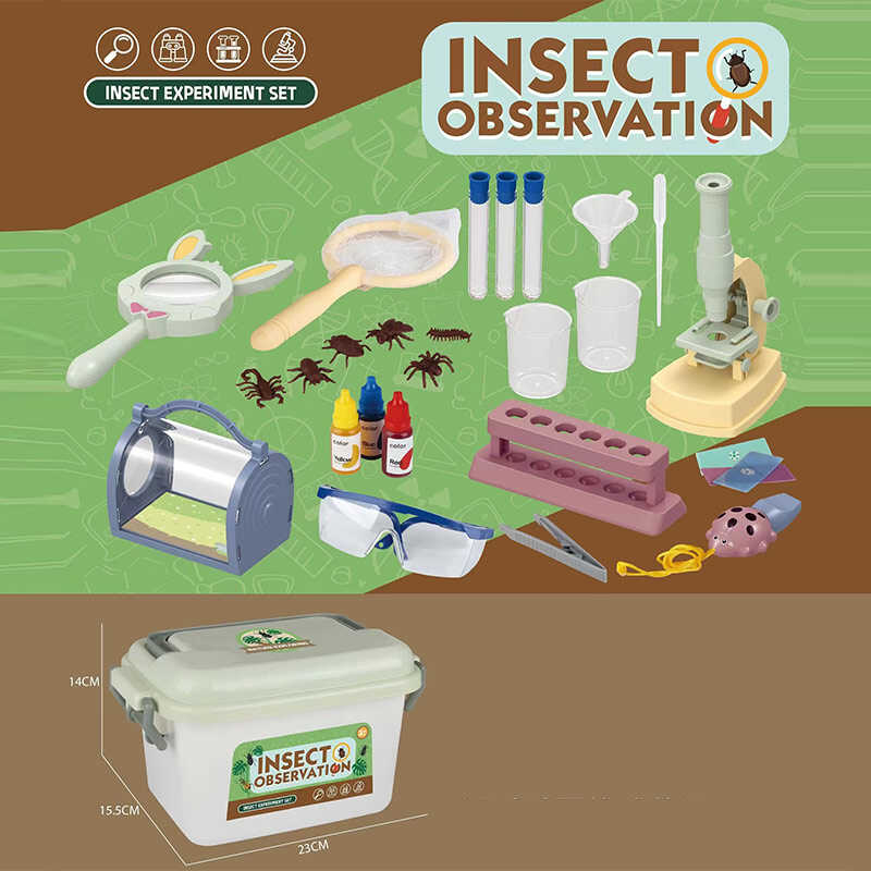 Набір дослідів W 616 (48) мікроскоп на батарейках, підсвітка, пробірки, пінцет, лупа, сачок, флакони з "реактивами", наукові аксесуари, моделі комах, окуляри, в боксі