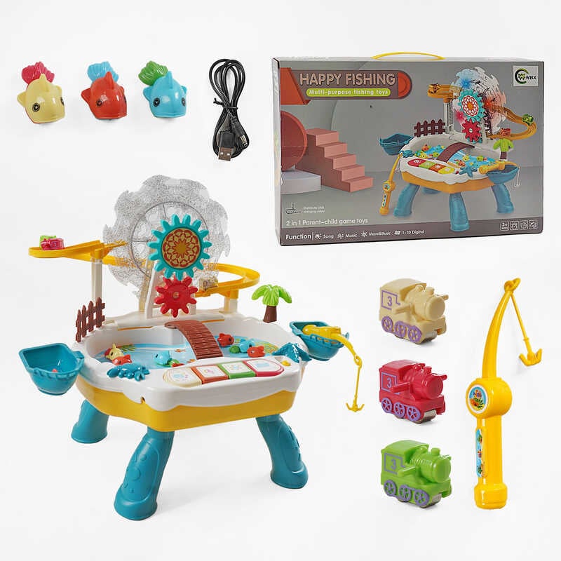 Риболовля  668-53 (24) трек, 3 потяги, рибки, вбудований акум. 5V, музика, 2 вудки, звуки, пісні англ. мовою, підсвічування, на батарейках, автоматичне обертання шестерень та рибок, в коробці