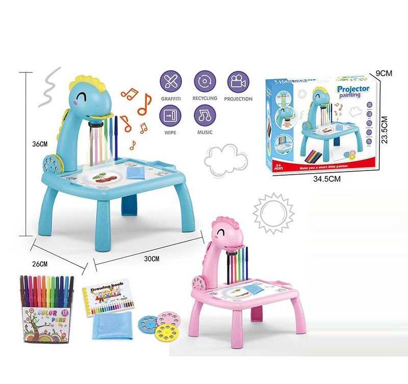 Столик з проєктором RFY 222-5 (48/2) 2 кольори, “Динозавр” 3 диски, фломастери, серветка, на батарейках, музика, підсвітка, в коробці